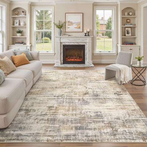 Area Rug for Living Room: 8x10 Washable Neutral Abstract Modern Soft Rugs Non Slip Indoor Floor Stain Resistant Large