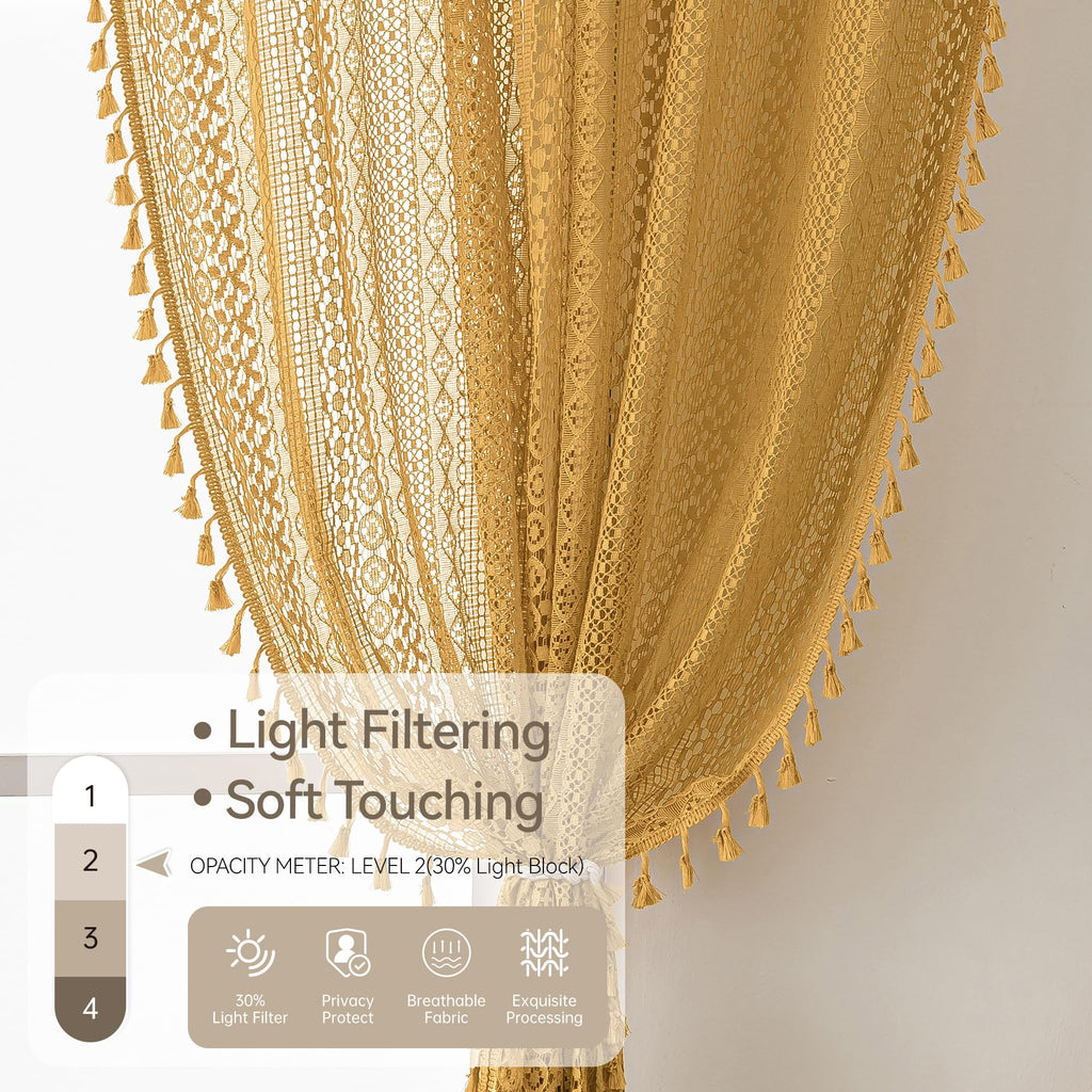 Boho Lace Curtains 63 Inches 2 Panel, Light Filtering Privacy Tassel & Geometry Crochet Semi Sheer Curtain Drapes