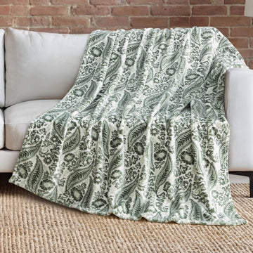50" x 70" Plush Throw Blanket, Paisley Floral Sage Green Blanket for Sofa or Bed