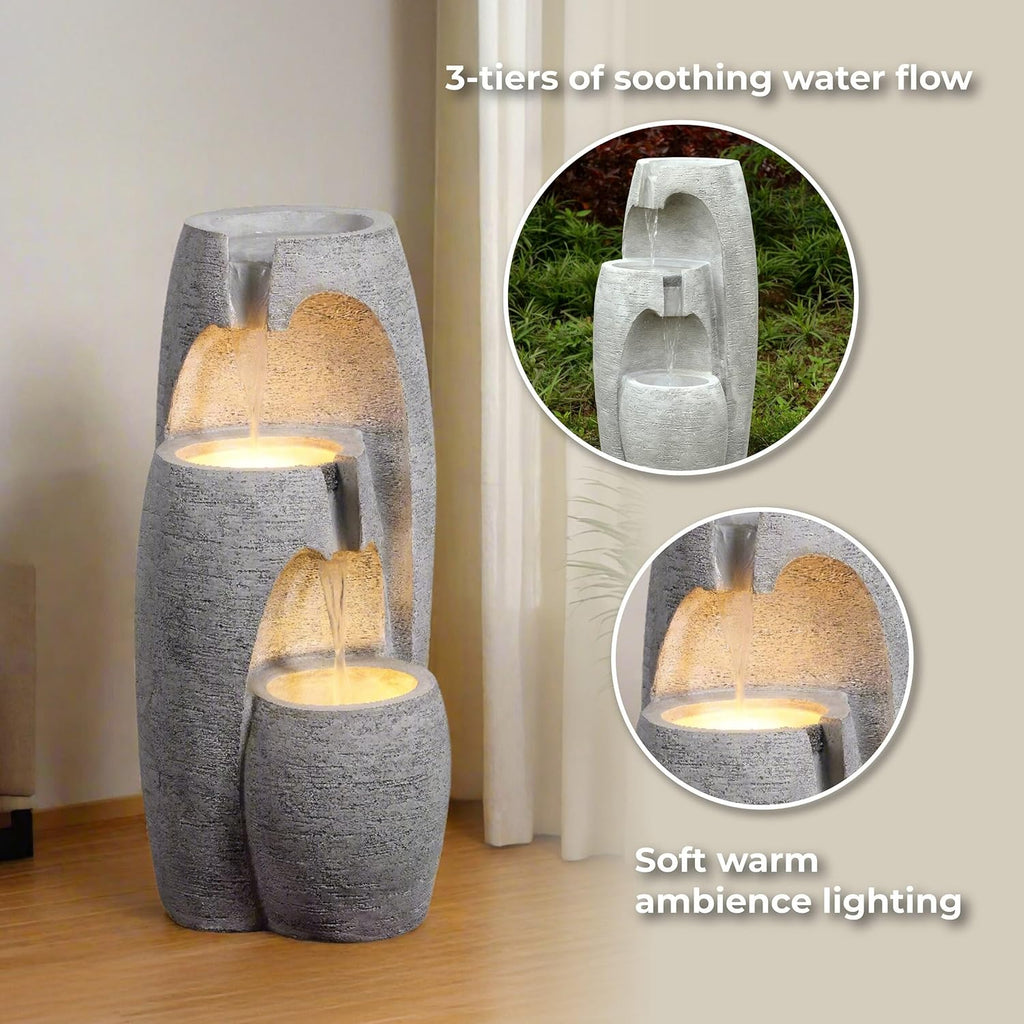 3-Tier Cascading Urn Outdoor Water Fountain - Warm Glow Lighting with Adjustable Flow & Electric Pump, Gray