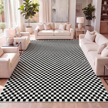 Finn High-Low Checkered Monotone Black/White Indoor Area Rug, Modern Minimalist, Non-Shedding, Stain Resistant