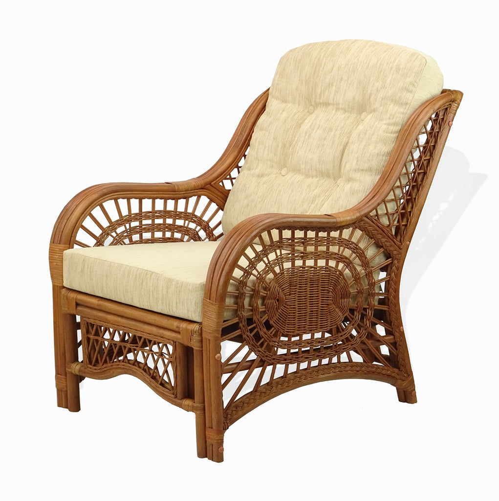 Malibu Lounge Living Accent Armchair Natural Rattan Wicker Handmade Design, Colonial with Cream Cushion