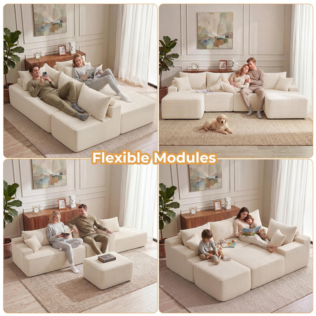 118" Cloud Sectional Boneless Couch, U-Shaped Modular Couch, Beige