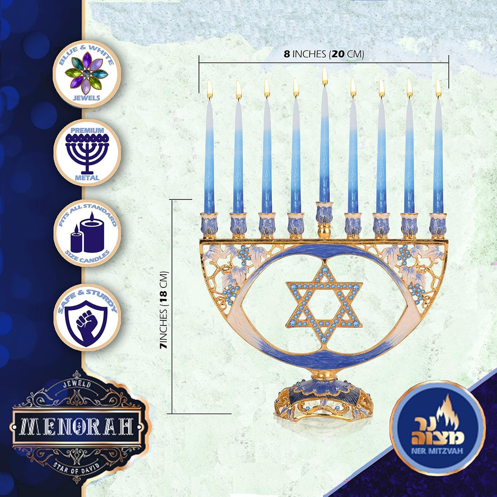 Hanukkah - Fits All Standard Chanukah Candles - Modern Jeweled Candle Menorahs for Chanukah - Blue Traditional Star
