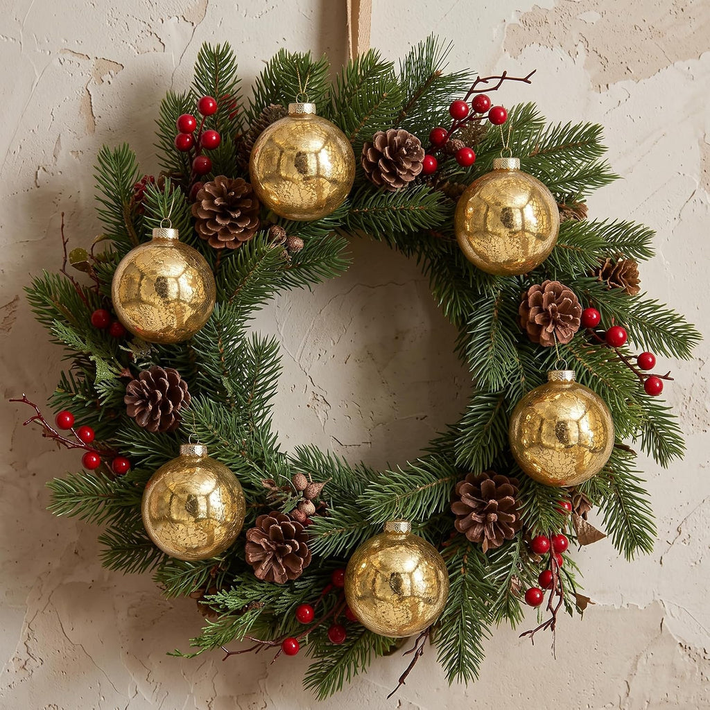 Gold Mercury Glass Christmas Ornaments, 3.15'' Vintage Xmas Hanging Baubles
