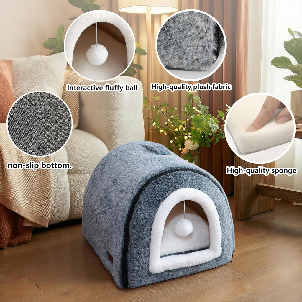 Cat Bed for Indoor Cats,2-in-1 Convertible Cat Bed & Cave,Foldable Washable Cat House,Soft and Thick Removable Inner