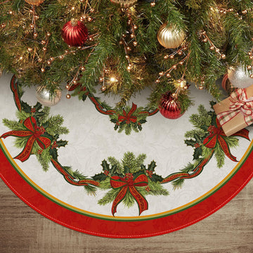 Christmas Tree Skirt 48 Inch, Christmas Ribbon Holly Winter Holiday Tree Mat Decoration