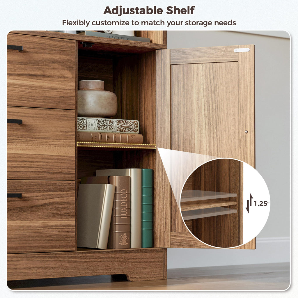 70.9-Inch Bookcase with Doors and 3 Drawers, Oak Brown