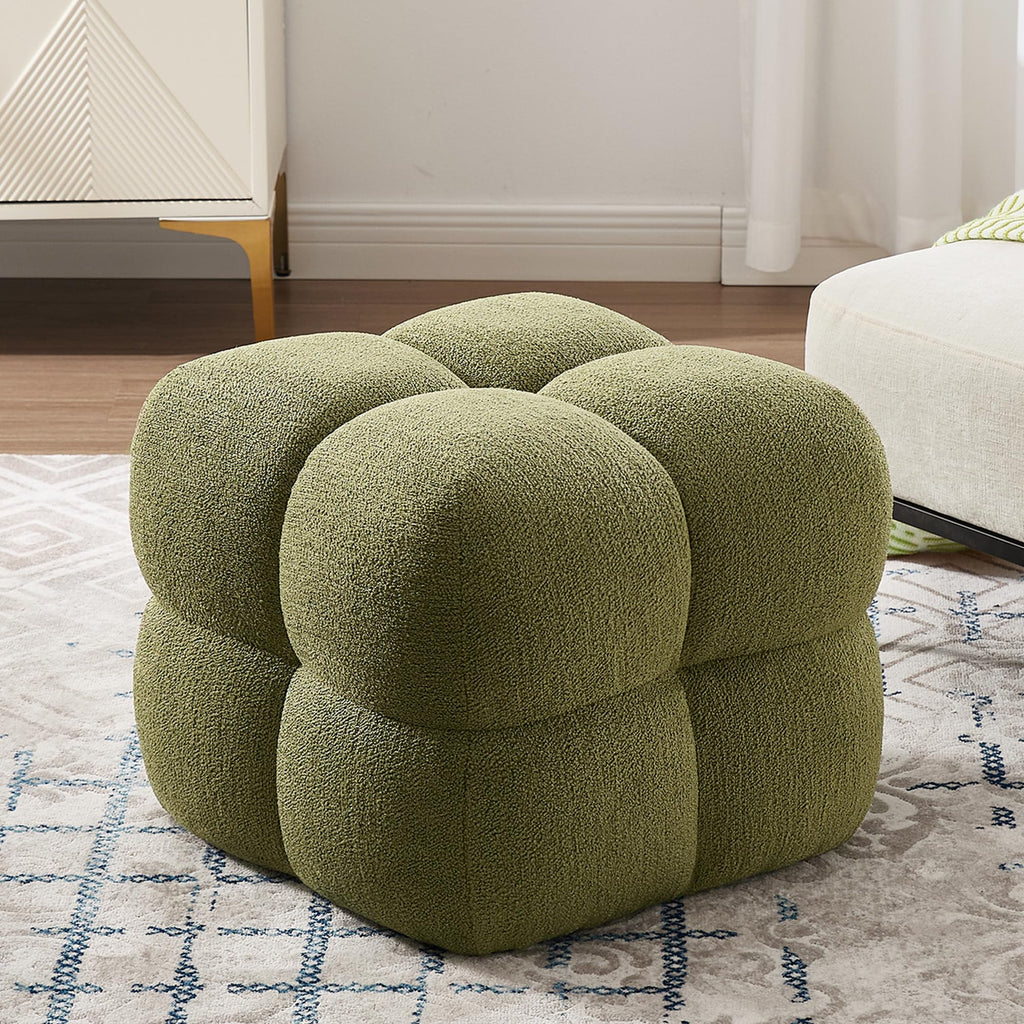 Olive Green‌ Modern Ottoman, 21" Square Fuzzy Couch Sherpa Pouf Ottoman, Tufted Cute Boucle Fabric Foot Stools