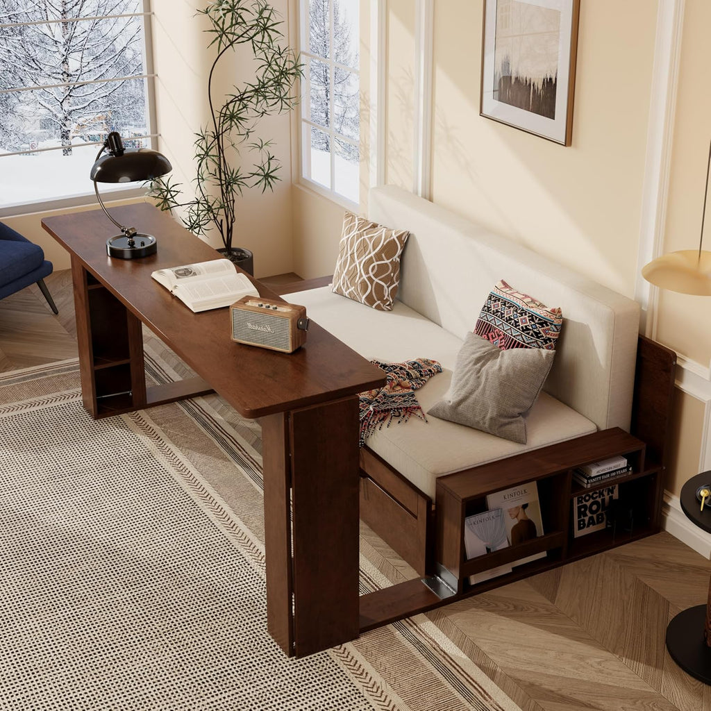 Queen Size Daybed with Pop Up Trundle and 2 Storage Drawers, Wooden Queen Day Bed Frame with Removable Desk