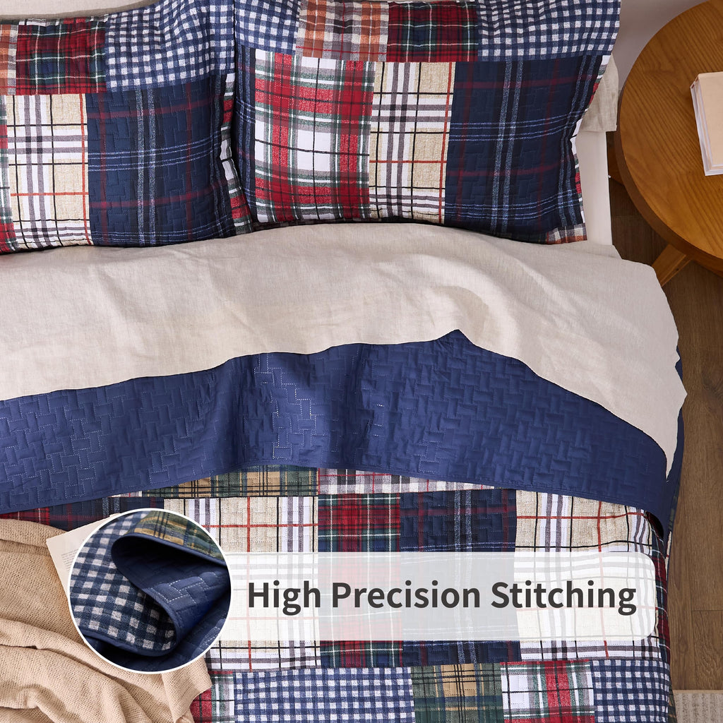Patchwork Quilt Bedding Set, Plaid Lightweight Reversible Bedspread Coverlet, 3-Piece Bed Cover Quilt with 2