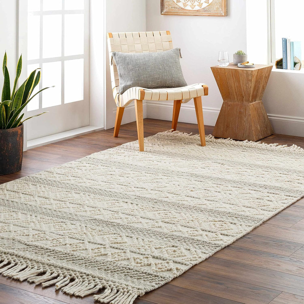 Ummi Wool Living Room, Bedroom Area Rug - Geometric Striped Diamond Border - Traditional Transitional Scandinavian