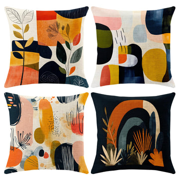 Set of 4 Linen Throw Pillow Covers 18"x18", Soft Flax Scandinavian Abstract Boho Decorative Pillow Cases