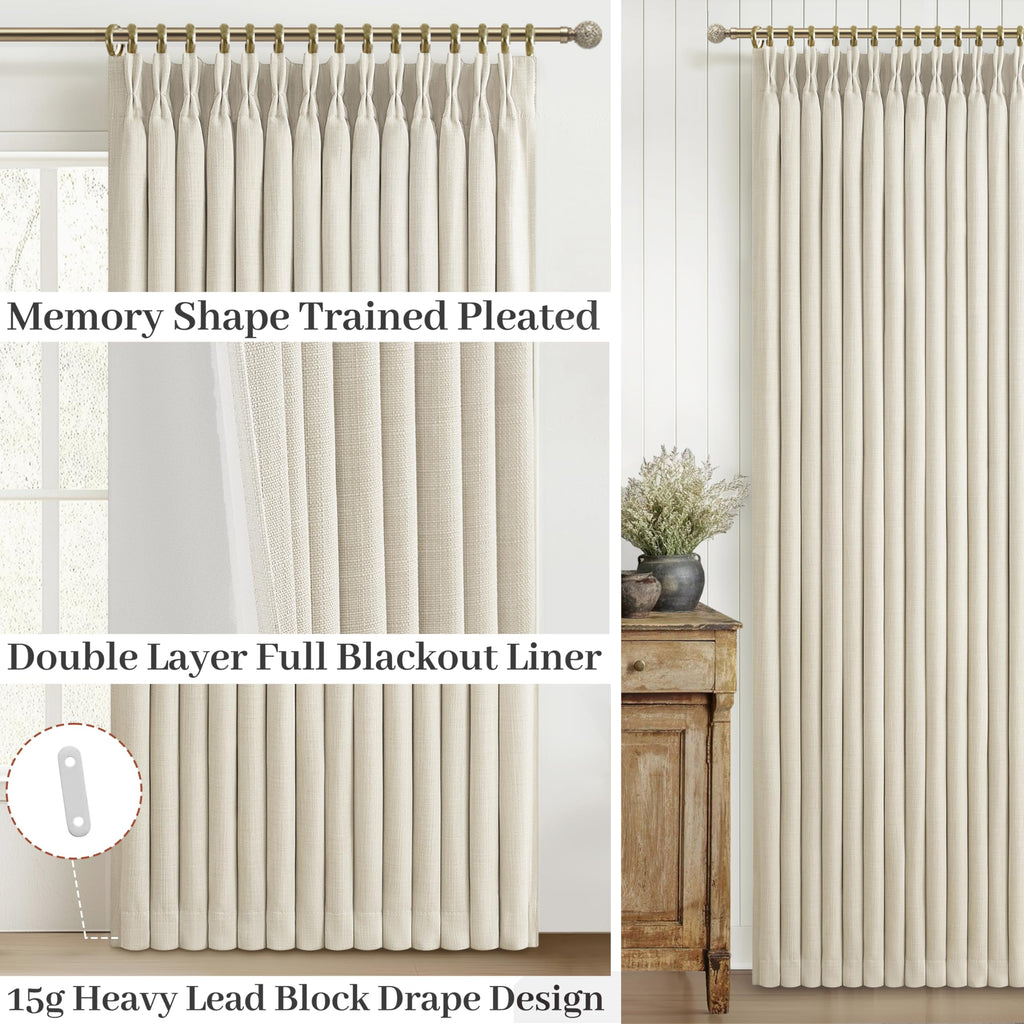 70 Inch Extra Wide Pinch Pleated Curtains 84 Inches Long 2 Panels Set, Cream Memory Shape Pleat Blackout Dual Layer