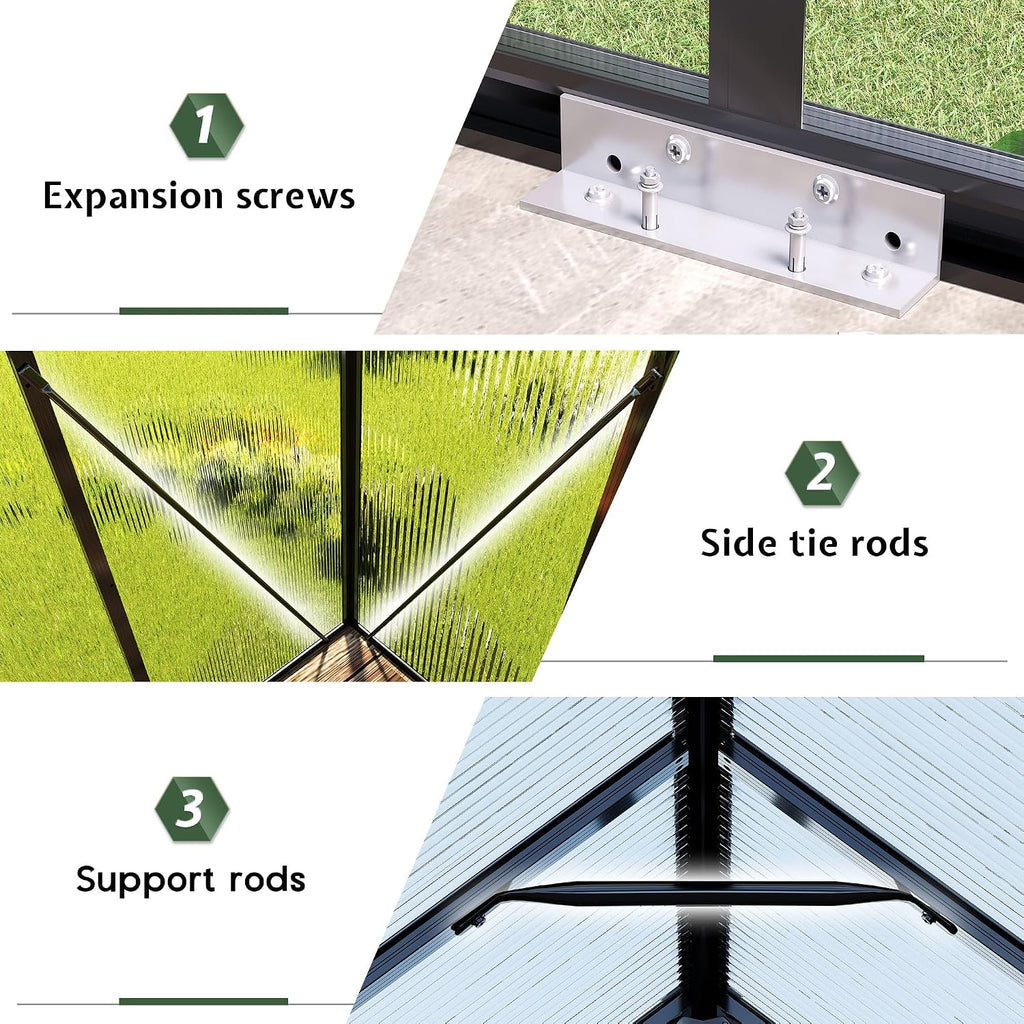 6x12Ft Polycarbonate Greenhouses for Outdoors, 2 Top-Opening Windows, Swing Doors, Aluminum Walk-in Heavy Duty for