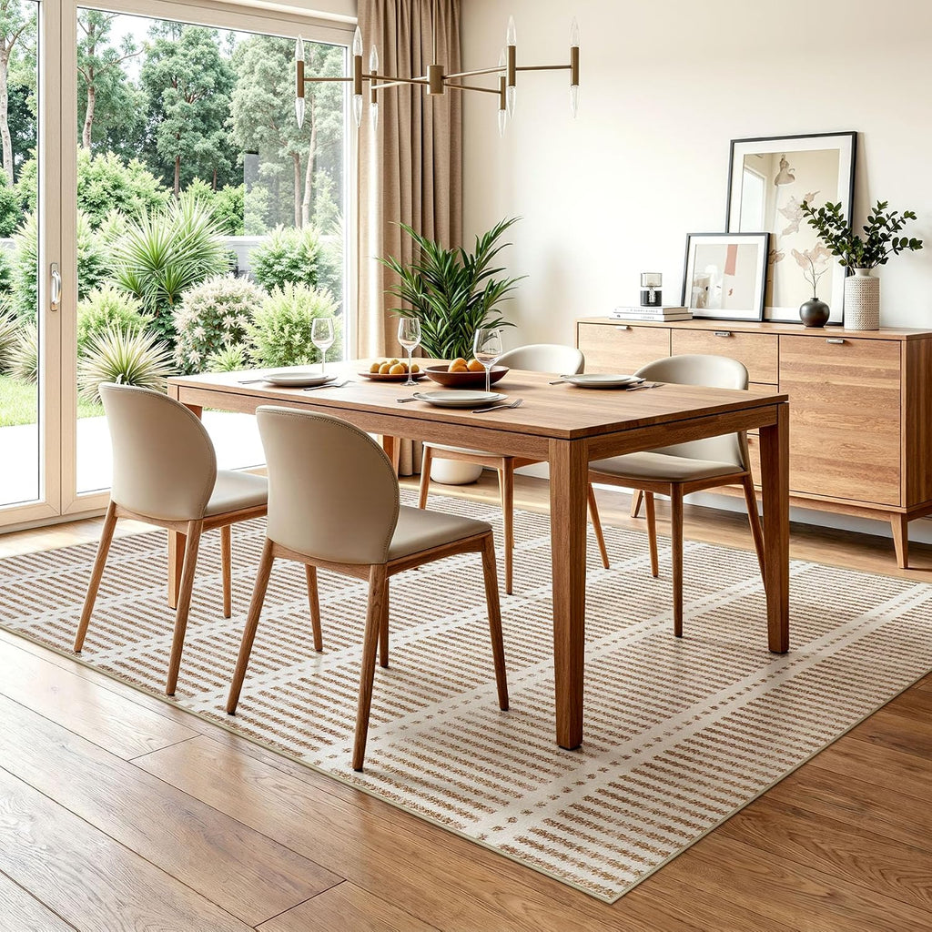 Ultra Thin Washable Area Rugs, Modern Non-Slip Rugs Dining Room, Striped Farmhouse Large Carpet Playroom, Khaki