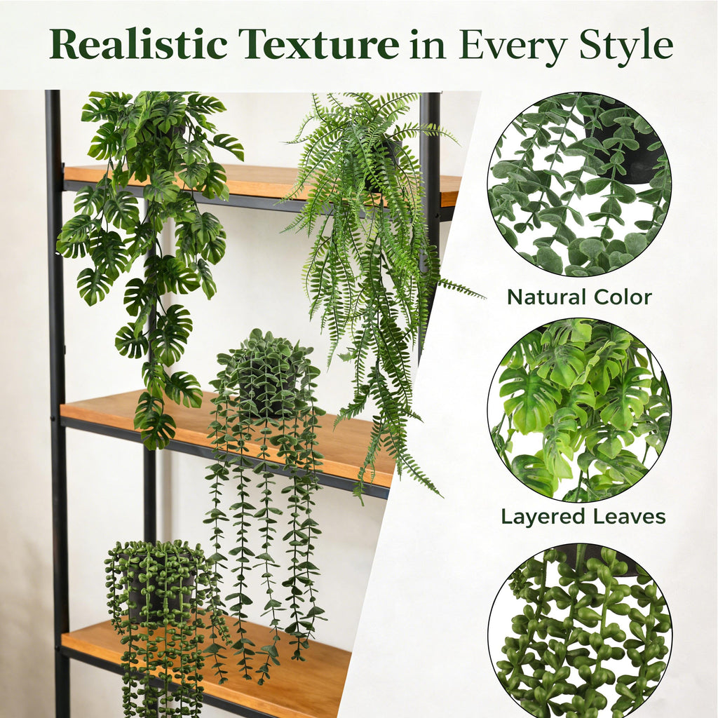 4 Pack Artificial Hanging Plants Indoor - Faux Hanging Wall Plants, String of Pearls, Eucalyptus & Monstera, Fake