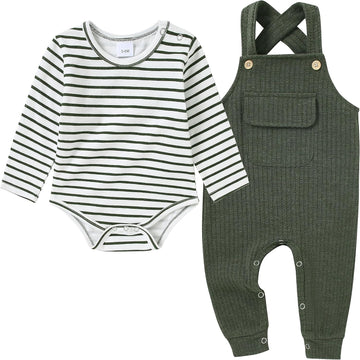 Newborn Baby Boy Clothes Infant Boy Romper Fall Winter Outfits Bodysuit 2Pcs Striped Long Sleeve Top Overalls