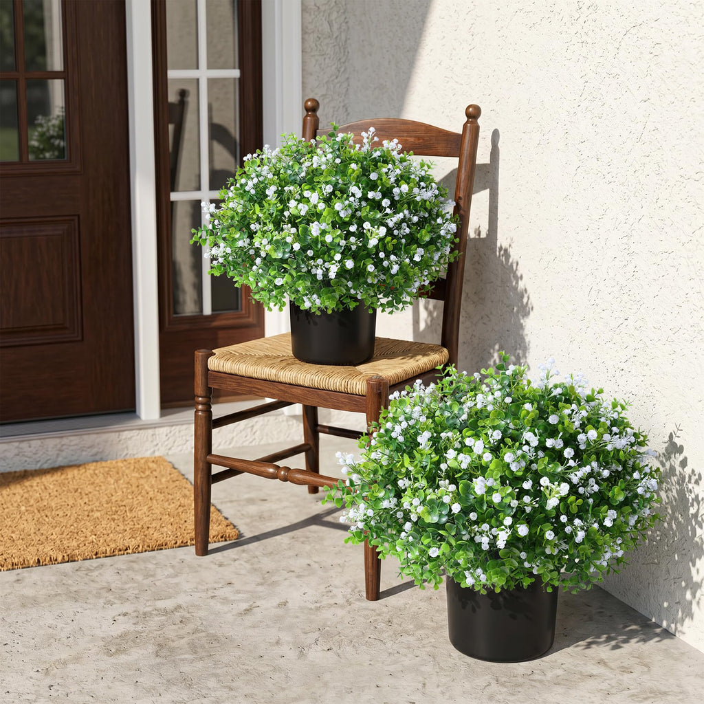 Fake Plants Artificial Flowers for Outdoors Decor, 2 Pack Fake Potted Plants Baby Breath With Green Eucalyptus Look