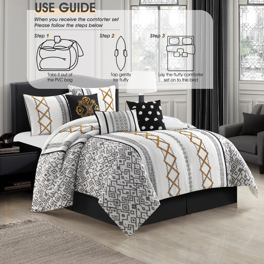 Black Gold Comforter Set, 7 Pieces All Season Bedding Sets in a Bag with Geometric Terry Embroidered Comforter