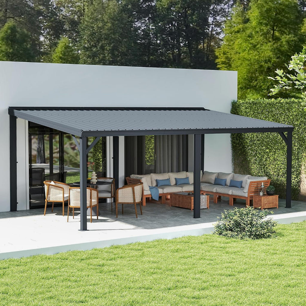 Domi 12' x 20' Lean to Gazebo, Wall Mounted Gazebos Pergola with Built in Drainage System, Galvanized Steel Roof, Hardtop Patio Shelter for Deck, Porch, Backyard and More