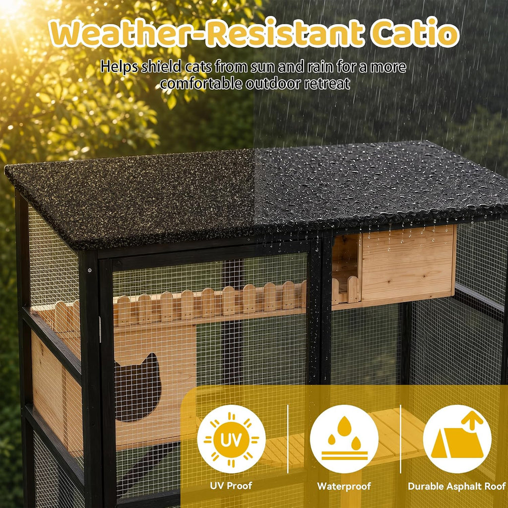 Cat Catio Outdoor Cat Enclosure, Multi-Level Wooden Cat House with Wheels