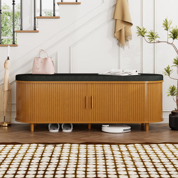 2-Tier Storage Bench, Wide Shoe Bench with Thickened Padded Seat Cushion, Mid Century Modern Fluted Sliding Door and