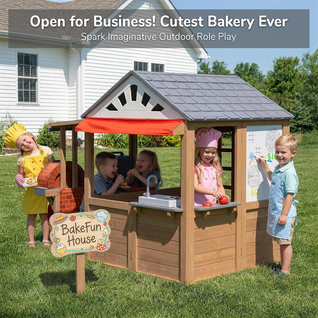 Kids Outdoor Wooden Playhouse, Cedar Wooden Play House for Ages 3-8 Kids with BBQ Grill, Kitchen Set, Picnic Table