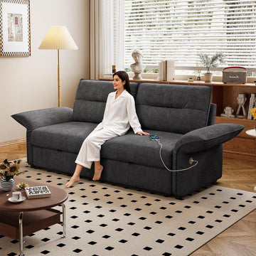 85'' Full Size Sleeper Sofa, Flannel Pull Out Couches, Flannel Dark Grey | 3 in 1 Convertible Sofa, Assembly for