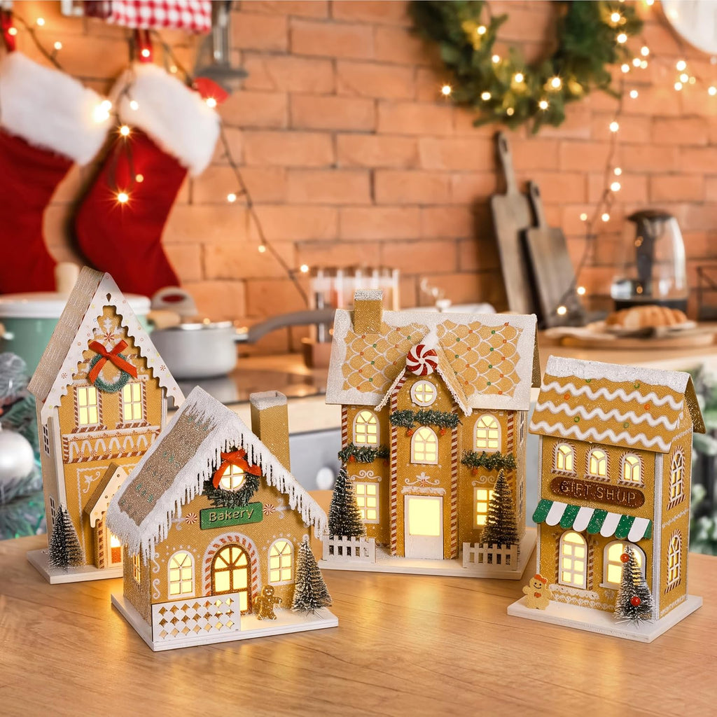 Xmas Gingerbreads House with LED Light, Paper Christmas Village Set