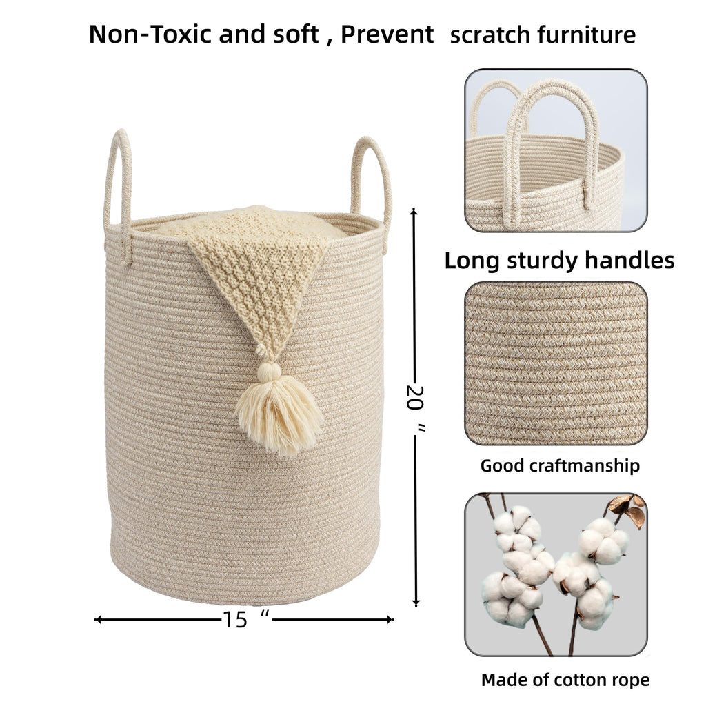 Woven Cotton Rope Laundry Basket, 15" x 20" Laundry Hamper, Oatmeal