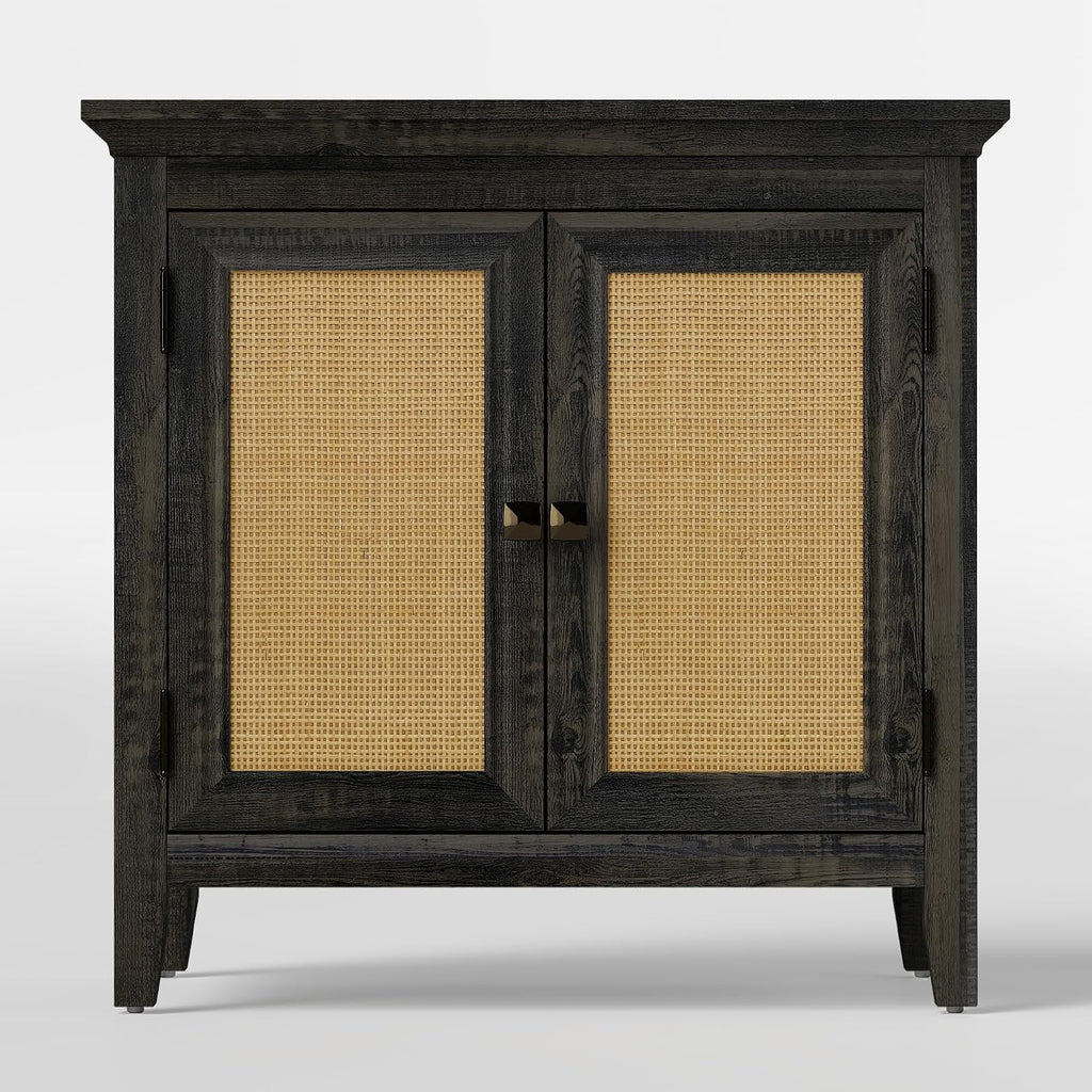 Rattan Accent Cabinet with Doors, Boho Entryway Cabinet, Wooden Decorative Sideboard with Adjustable Shelf & Doors