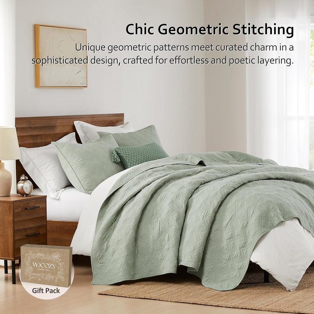 100% Cotton King Quilt Set - Sage Green Pre-Washed Soft Lightweight Modern Bedspread, Farmhouse Country Rustic