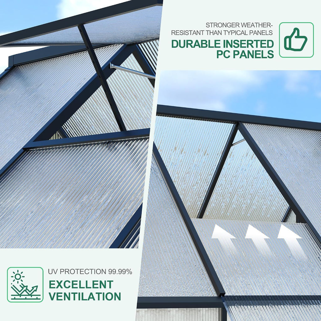 6X7 ft Aluminum Polycarbonate Greenhouse, Heavy Duty Greenhouses for Outdoors with Roof Vent, Lockable Door, Large