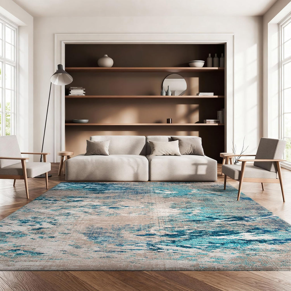 Madison X-Large Area Rug - 12' x 15', Blue & Grey, Modern Boho Abstract Design, Non-Shedding & Easy Care
