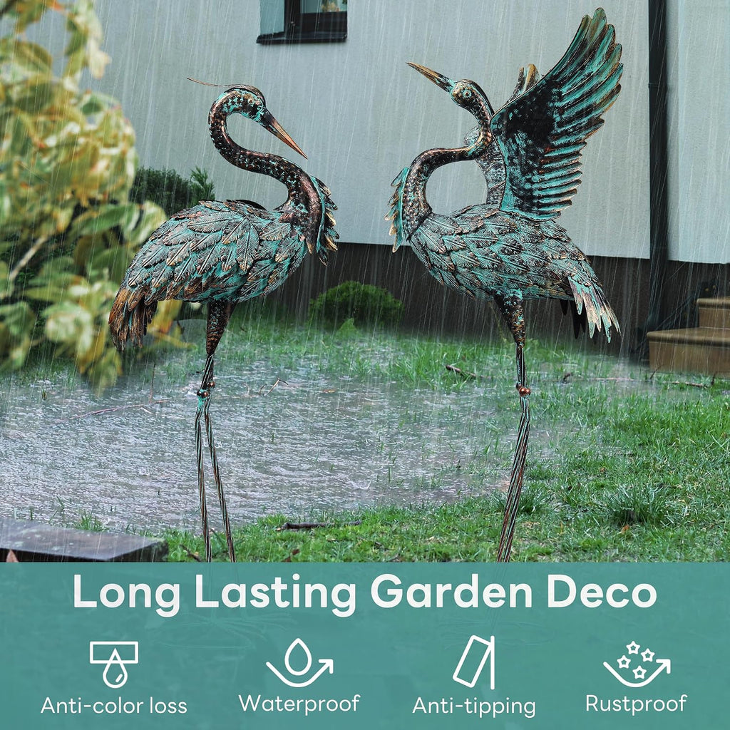Large Garden Statues Set of 2, Metal Crane Sculptures, Bronze Heron Outdoor