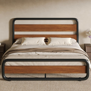 Full Size Metal Bed Frame with Wooden Headboard, Walnut