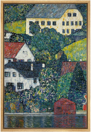 Framed Canvas Print Wall Art Houses at Unterach by Gustav Klimt Nature Wilderness Illustrations Retro Decorative