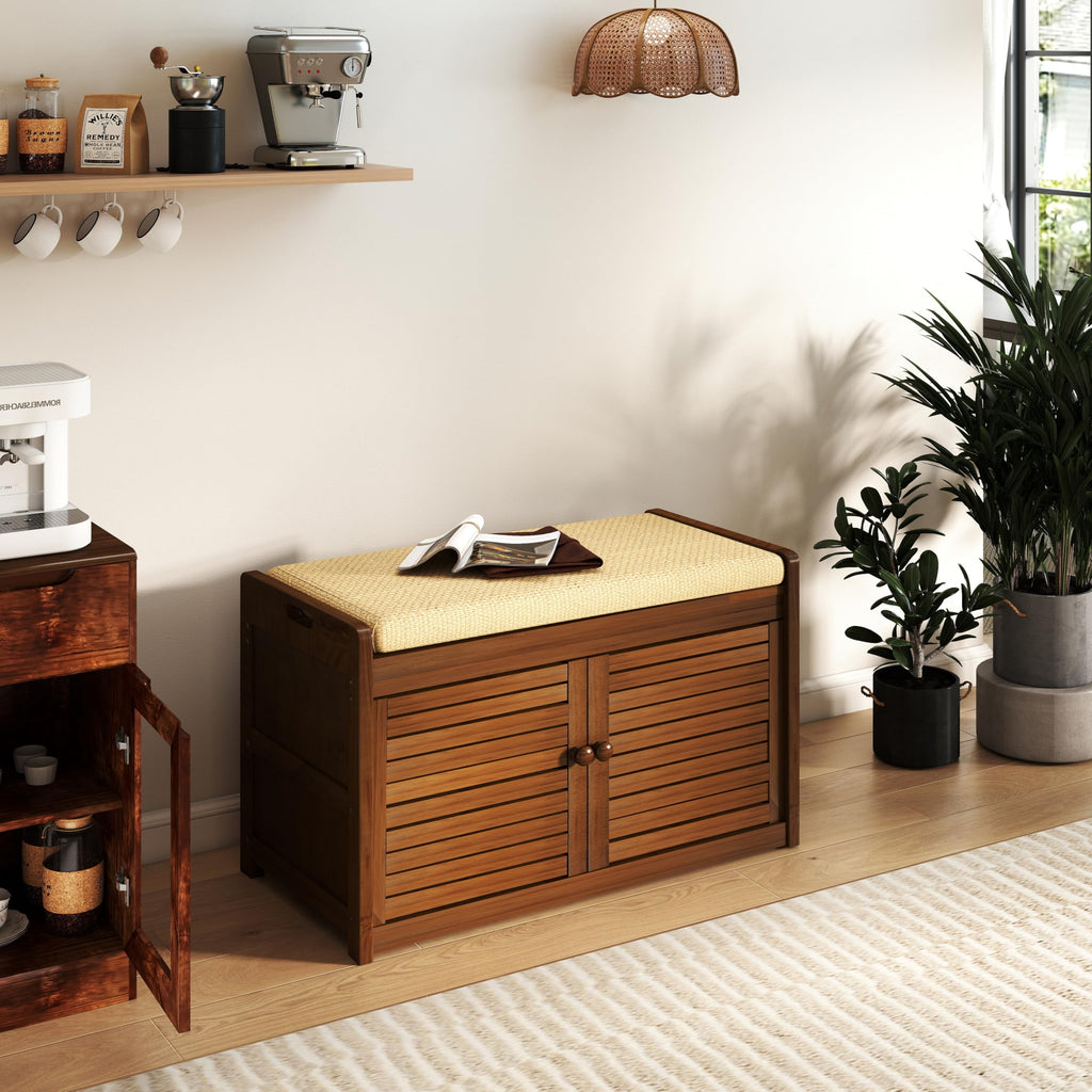 Shoe Storage Bench, 2-Tier Shoe Cabinet with Padded Seat Cushion, Bamboo Entryway Bench with 2 Doors (31.49''(L)