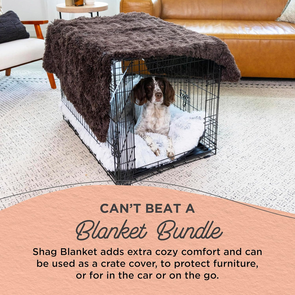 Bundle Set The Original Calming Shag Donut Cuddler Cat and Dog Bed + Pet Throw Blanket, Dark Chocolate, Large, 36x36