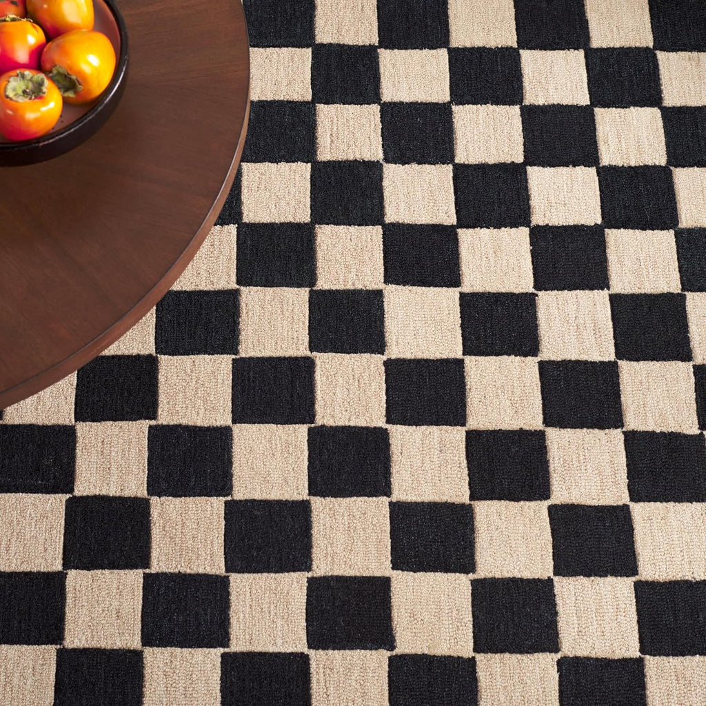X Area Rug Collection - 6' Square, Black & Beige, Handmade Wool, Checkered Pattern, Ideal, Dining Space (MSR4760Z)