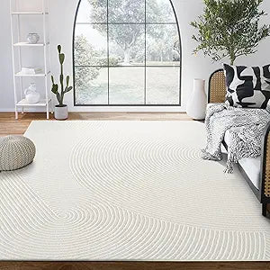 Neutral Cream Area Rug 5' x 8' | White Luxury Zen Carpet | Minimalist Ivory Rugs and Dining