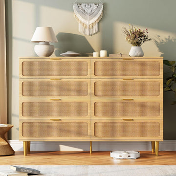Rattan 6 Drawer Dresser , Large Double Dresser with Deep Drawers, Wooden Chest of Drawers for Closet with Wide Top