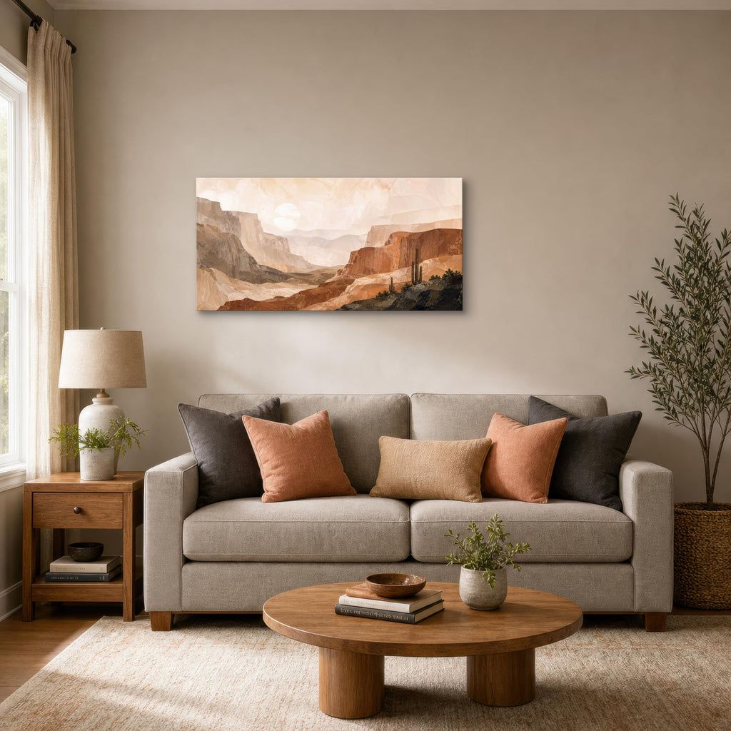 Desert Canvas Wall Art, 40 x 20 Inch Warm Southwest Cactus Landscape Print, Terracotta Neutral Horizontal Wall Decor