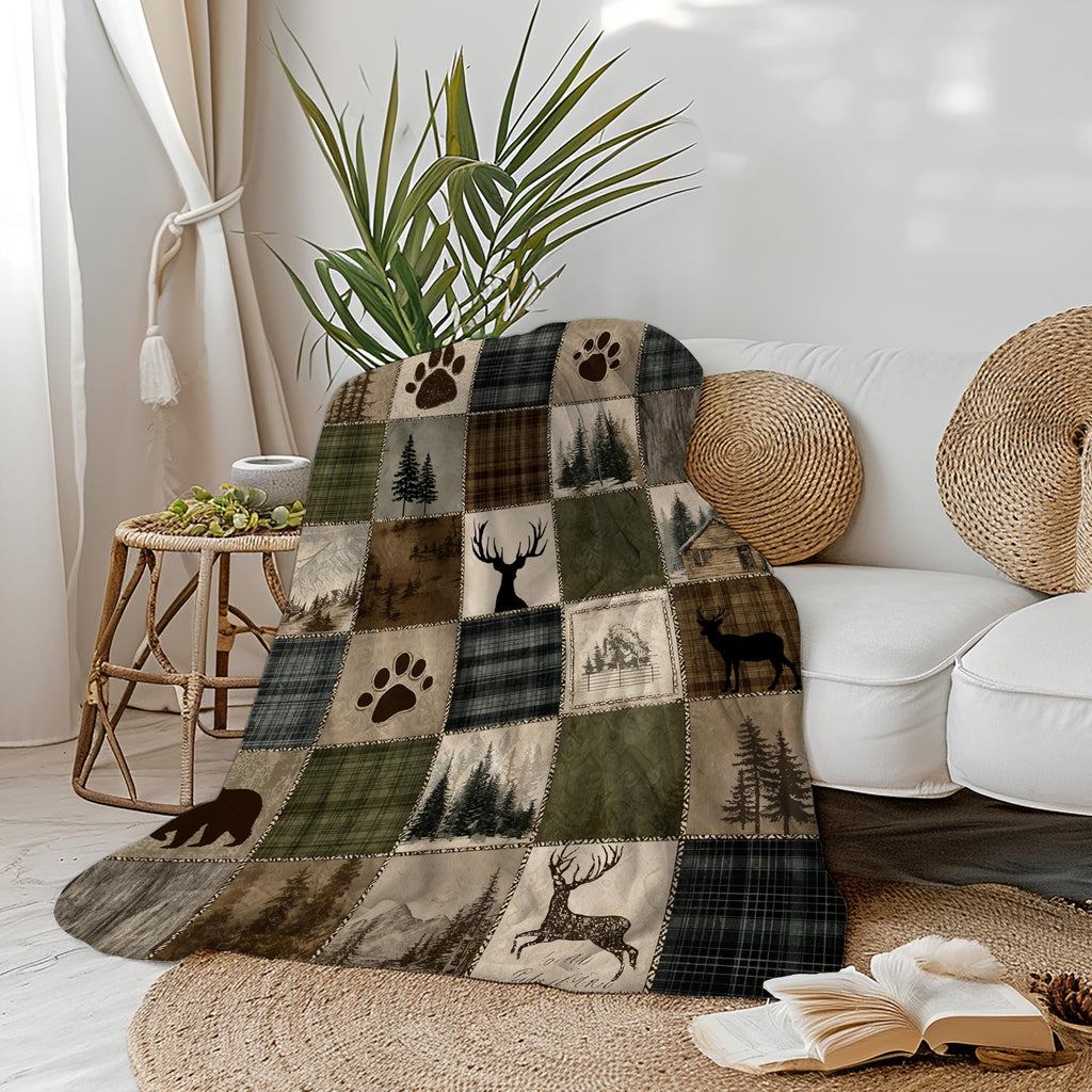 Rustic Cabin Forest Vintage Patchwork Plaid Blanket, 60x80 Inch