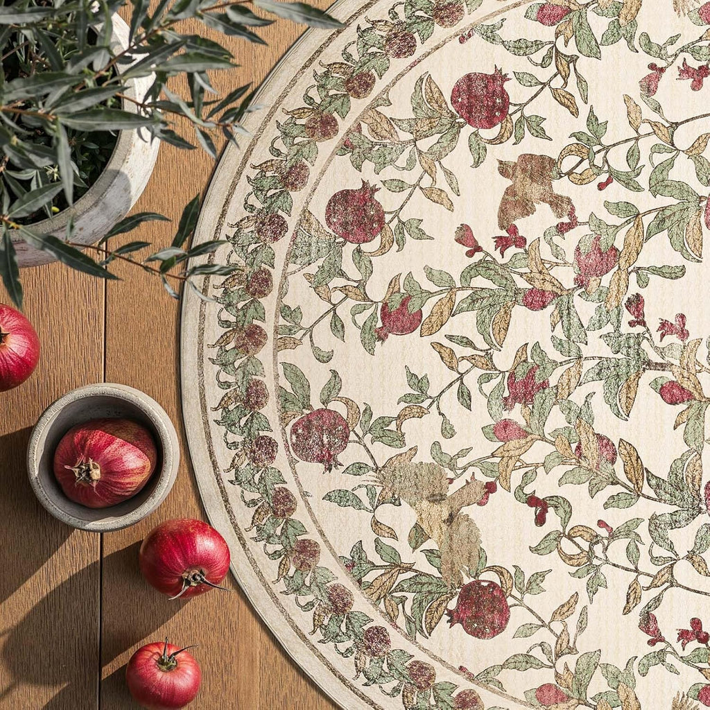 Eden Floral Round Rug 8ft Area Rug Washable Vintage Soft Non-Slip Distressed Red Green 8' Circle Car