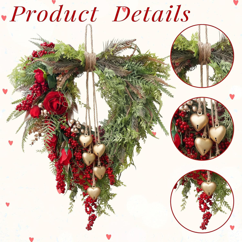Vintage Spring Wreath 14'' Heart Wreath with 3D Heart Ornaments for Front Door 24'' Long Window Porch Home Wedding