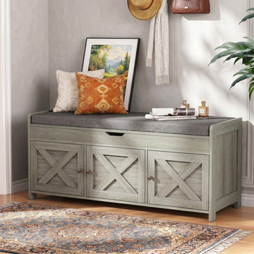 Shoe Storage Bench with Seating, Farmhouse Entryway Bench, Grey