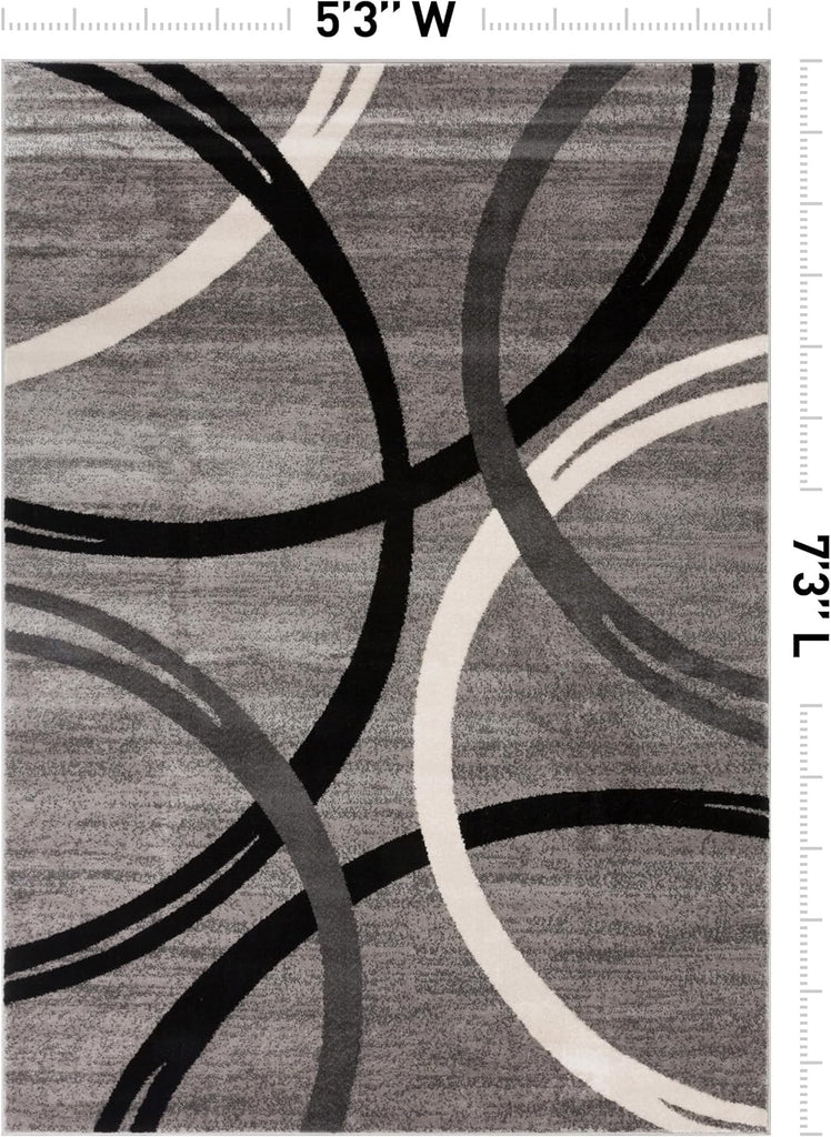 Wavy Circles Design Area Rug, Fade-Resistant Carpet for Living Room, Dining Room, or Bedroom, Gray, 5'3" x 7'3"