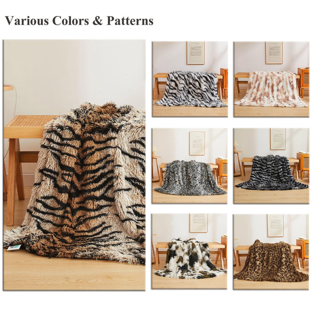 Luxury Faux Fur Tiger Print Throw Blanket, Tiger Brown, 50"x60"